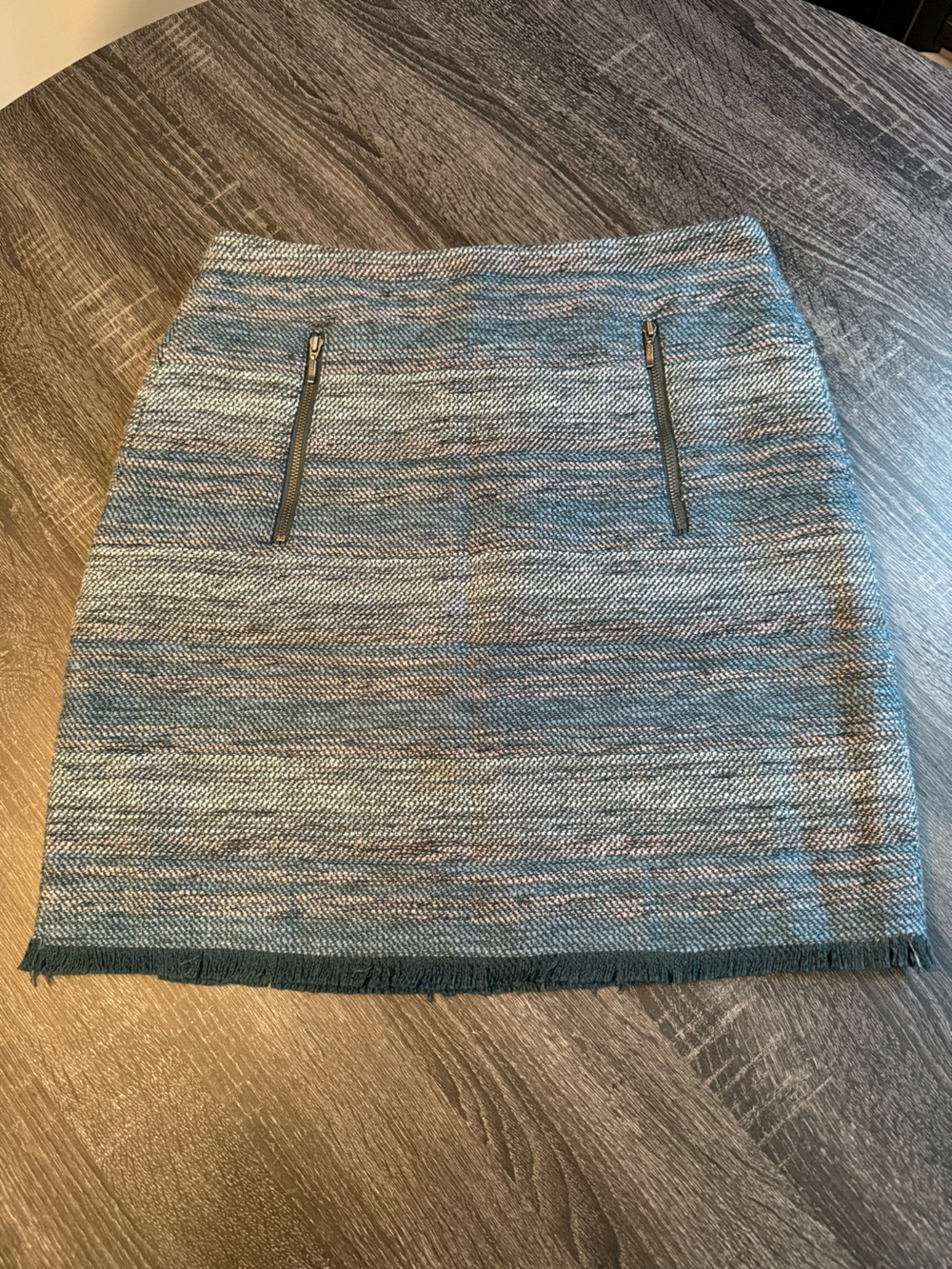LOFT Tweed Fringed Mini Skirt Blue Grey Pink Plaid Zipper Details Size 6